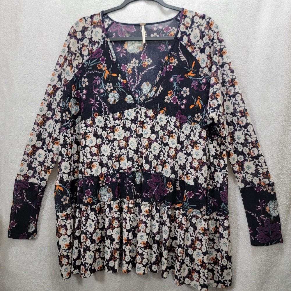 Free People Isabelle Tiered Dark Florals Medium‎ Tunic Top Flowy Peplum Babydoll